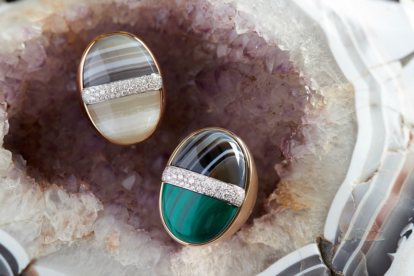 Pomellato Madama Butterfly ring with calcite, white and grey agate and diamonds, and Sturm und Drang ring with malachite, black agate and diamonds, both in rose gold