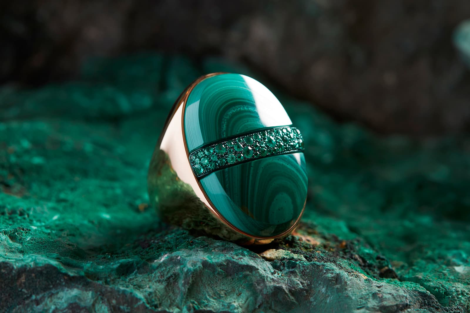  Pomellato Rhapsody in Green ring with malachite and emeralds in rose gold