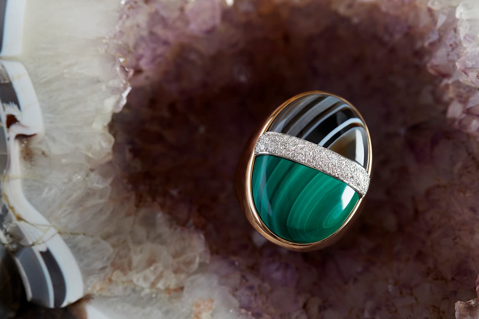  Pomellato Sturm und Drang ring with malachite, black agate and diamonds in rose gold