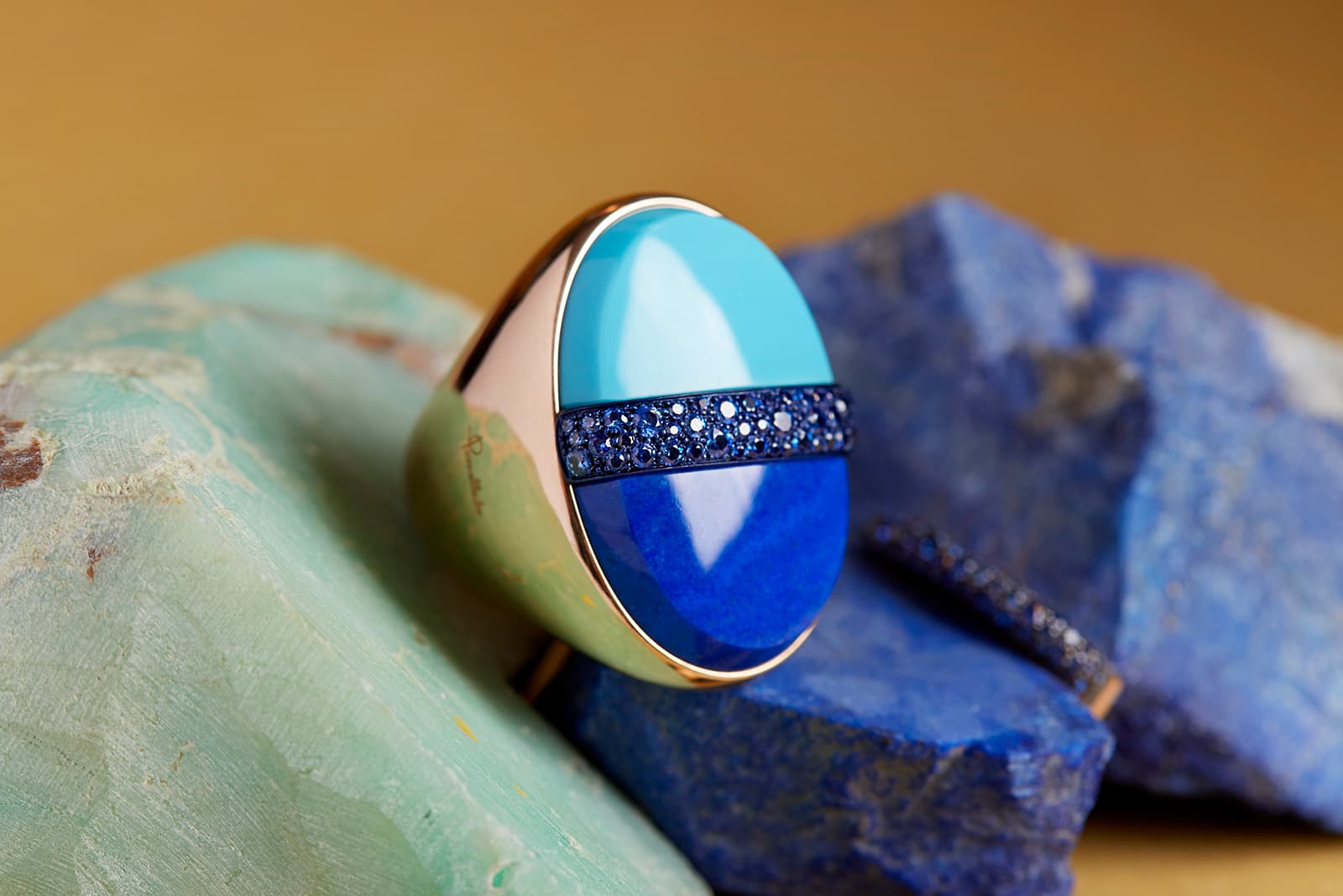  Pomellato Saint Tropez ring with turquoise, lapis lazuli and sapphires in rose gold