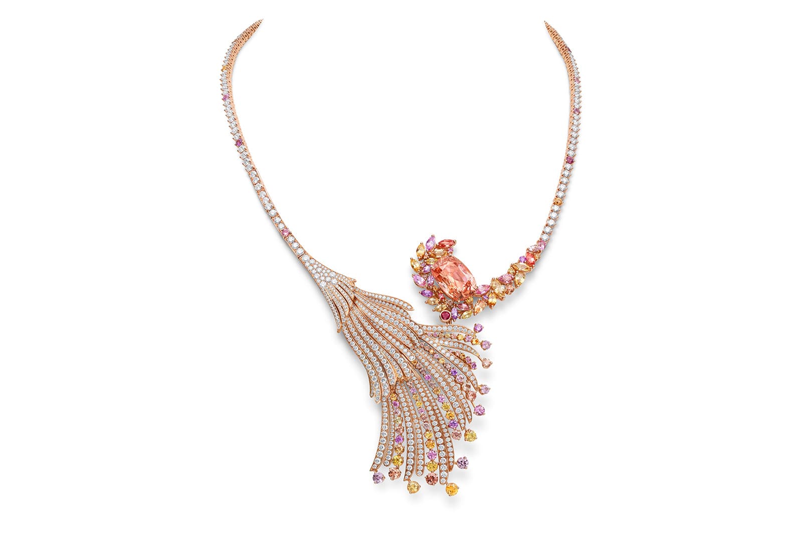 Gübelin Jewellery Blushing Wing necklace with 12.10ct Sri Lankan Padparadscha sapphire, yellow and purple sapphires, diamonds and ruby in red gold 