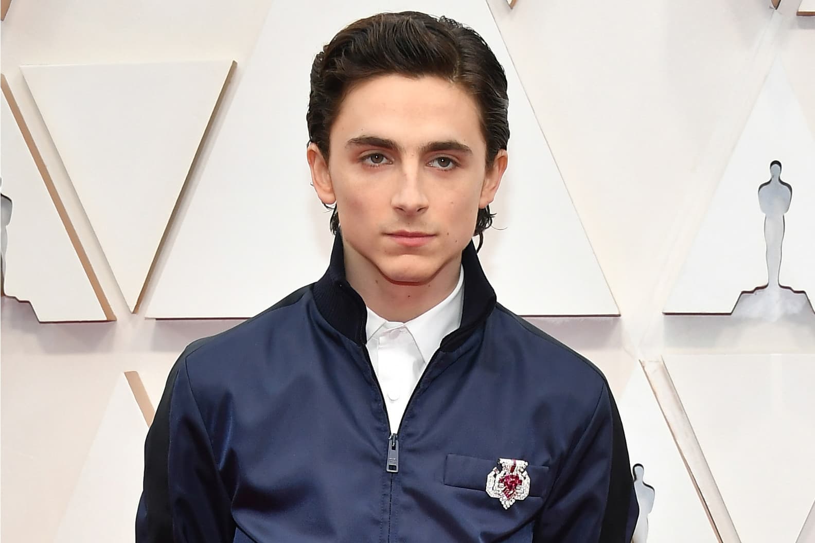  Timothée Chalamet wearing Cartier vintage brooch from 1955 with rubies and diamonds in white gold and platinum