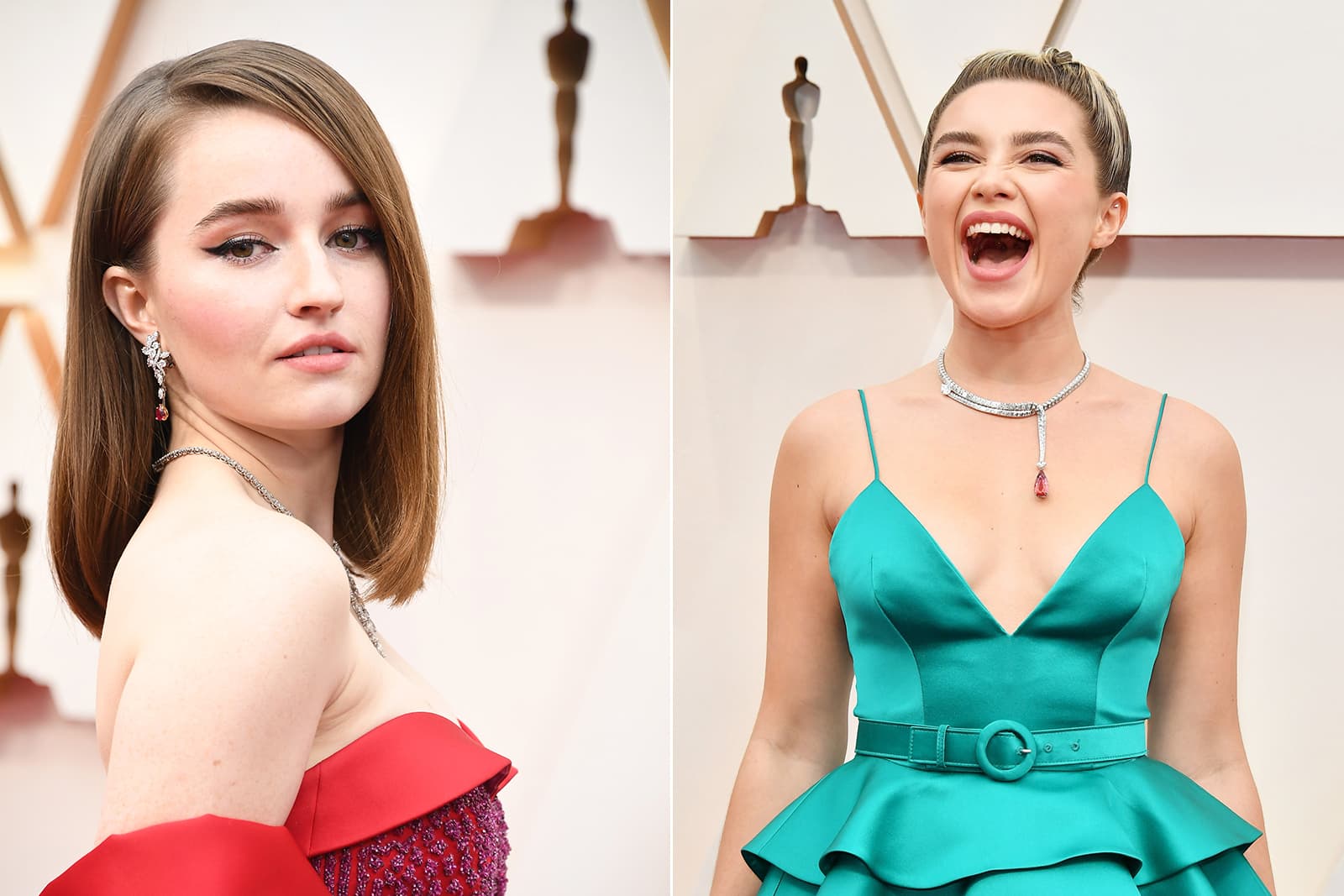 Kaitlyn Dever и серьги Harry Winston из платины с рубинами и бриллиантами; Florence Pugh и колье Louis Vuitton из коллекции Riders of the Knights из белого золота с императорским топазом 20ct и бриллиантами 