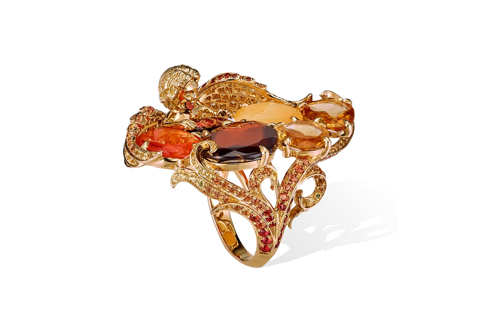 Lydia Courteille La Chambre d'Ambre collection Angel ring with 2.85ct of yellow and orange sapphires, garnets, citrines, chalcedony, and yellow opal in yellow gold and titanium