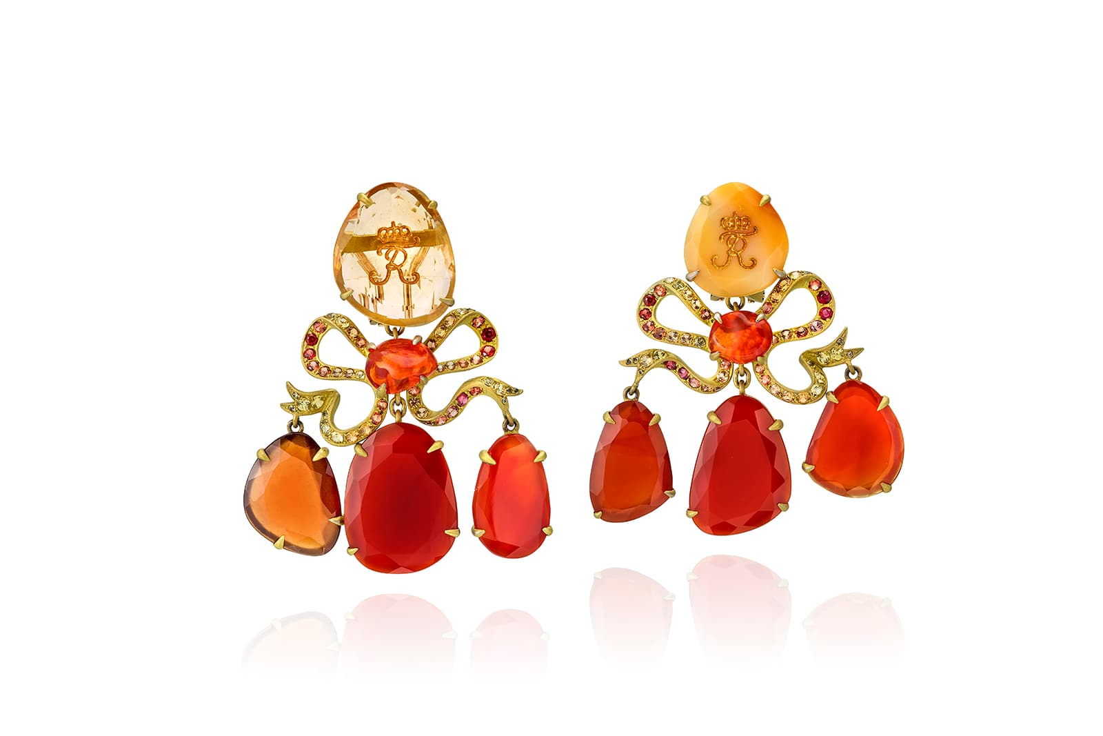  Lydia Courteille La Chambre d'Ambre collection chandelier earrings with yellow and orange sapphires, citrines, garnets, jasper, opal and chalcedony in yellow gold and titanium