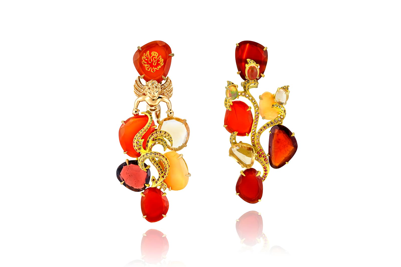 Lydia Courteille La Chambre d'Ambre collection earrings with yellow and orange sapphires, citrines, garnets, jasper, opal and chalcedony in yellow gold and titanium