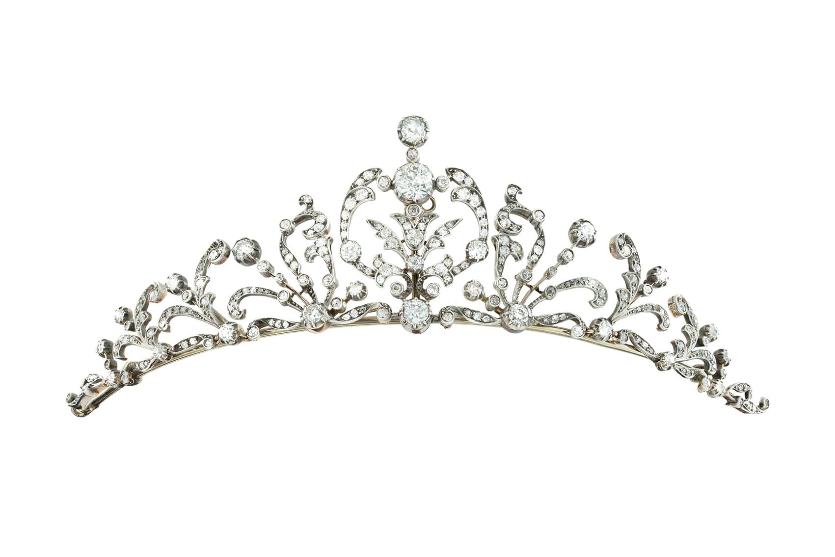  Bentley and Skinner Victorian foliate tiara, with 2.25ct central diamond and accenting diamonds, circa 1880 