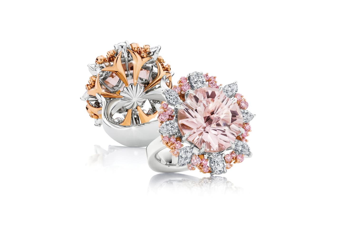 Calleija Aria ring with 9.54ct central Astar cut morganite, Argyle pink diamonds and colourless diamonds in white and rose gold