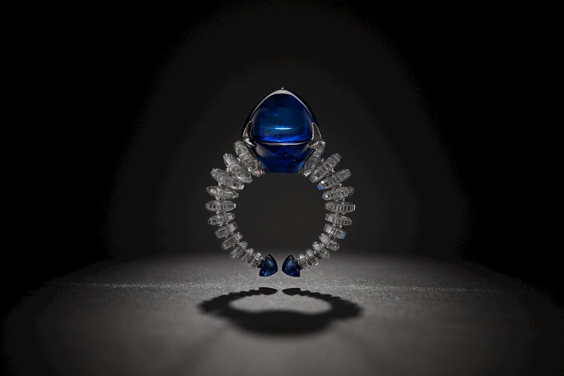Bhagat ring with sugarloaf Burmese sapphire, diamonds and sapphires set in platinum 
