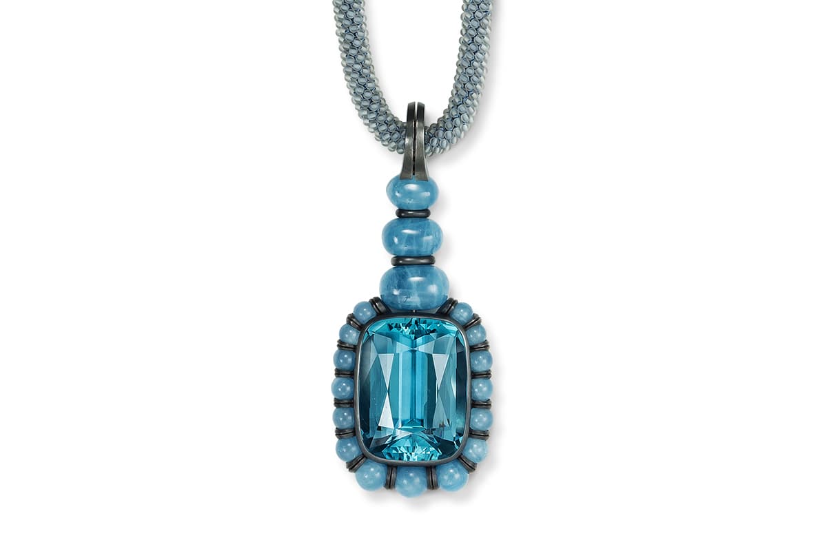  Hemmerle necklace with aquamarine and rock crystal beads in iron
