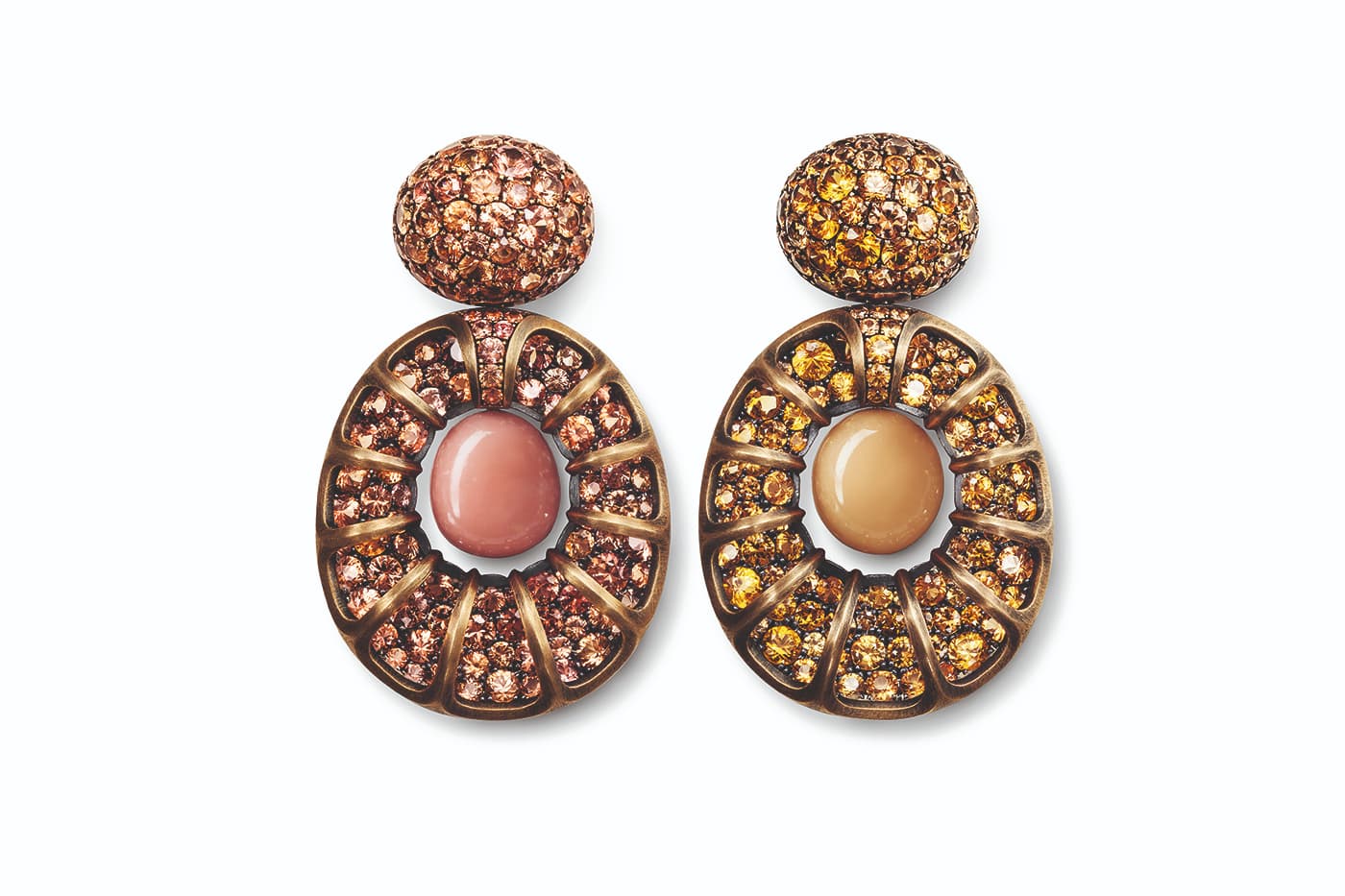 Hemmerle earrings with melo pearl, orange sapphire, conch pearl and Sri Lankan padparadscha sapphire in bronze 