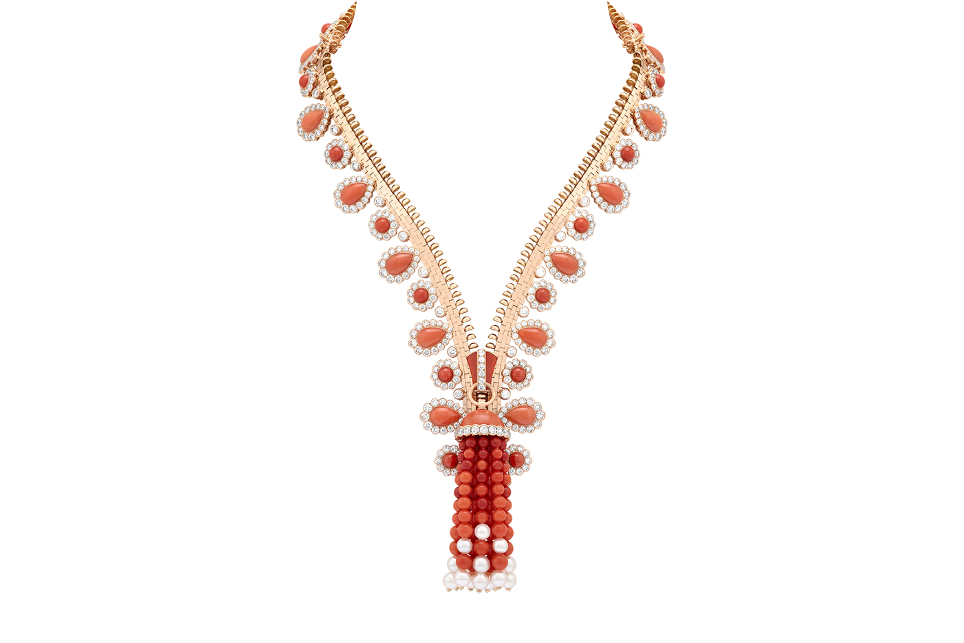 Van Cleef & Arpels Zip Antique Orient transformable necklace with coral, white cultured pearls and diamonds in rose gold