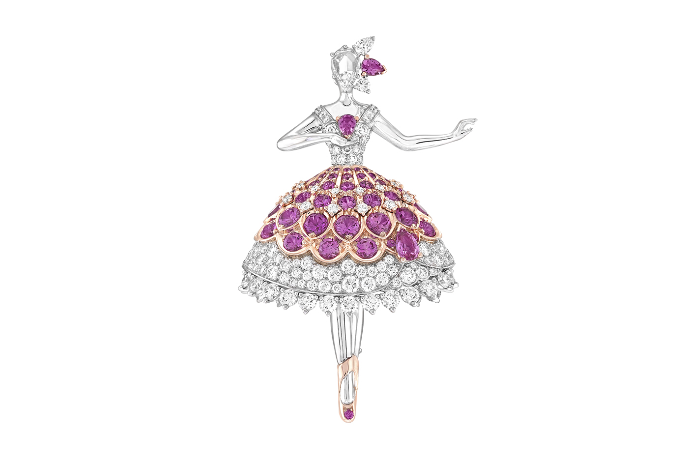  Van Cleef & Arpels Pink Finch ballerina clip with pink sapphires and diamonds in white and rose gold