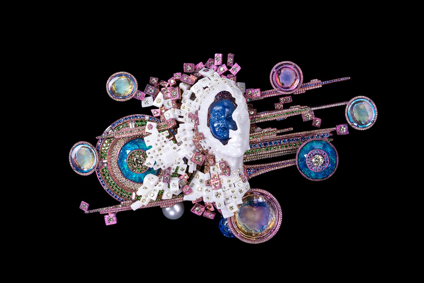  Wallace Chan Mind Puzzle brooch with fancy coloured diamonds, sapphires, pearls, opals, amethysts, blue topaz, ametrines and lapis lazuli in titanium and The Wallace Chan Porcelain