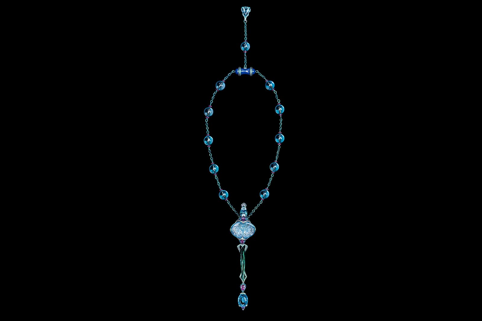   Wallace Chan Keeper of Time Necklace with blue topaz, green tourmalines, fancy sapphires, aquamarines and diamonds in titanium and The Wallace Chan Porcelain 
