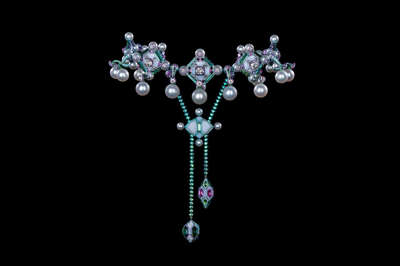  Wallace Chan The Windows to the Universe parure with pearls, diamonds, pink sapphires, green tourmalines, tsavorite garnets, white agate and lapis lazuli in titanium