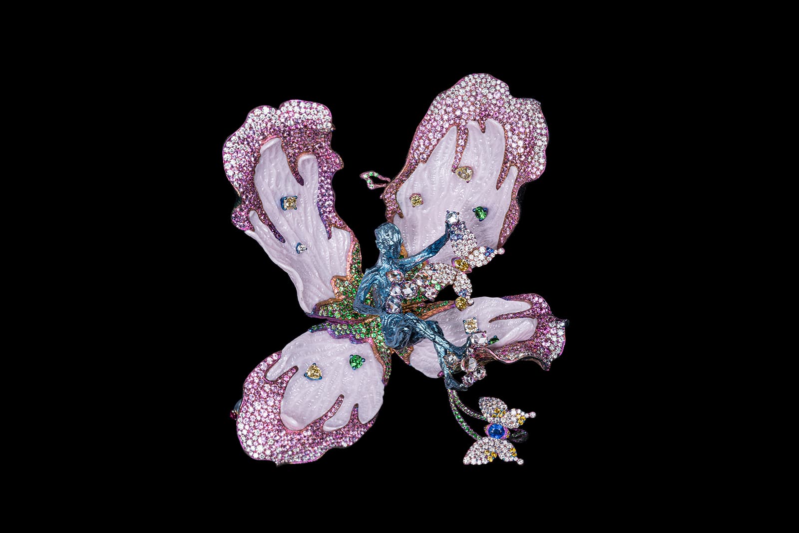  Wallace Chan Cosmic Destiny brooch with fancy sapphires, diamonds, fancy coloured diamonds, tsavorite garnets and pearls in titanium and The Wallace Chan Porcelain 