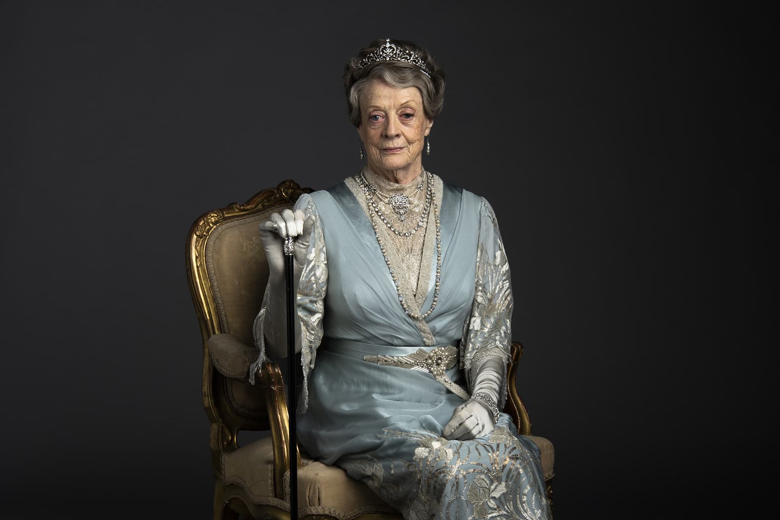 Downton Abbey's Lady Violet wearing Bentley and Skinner Victorian foliate tiara, with 2.25ct central diamond and accenting diamonds 
