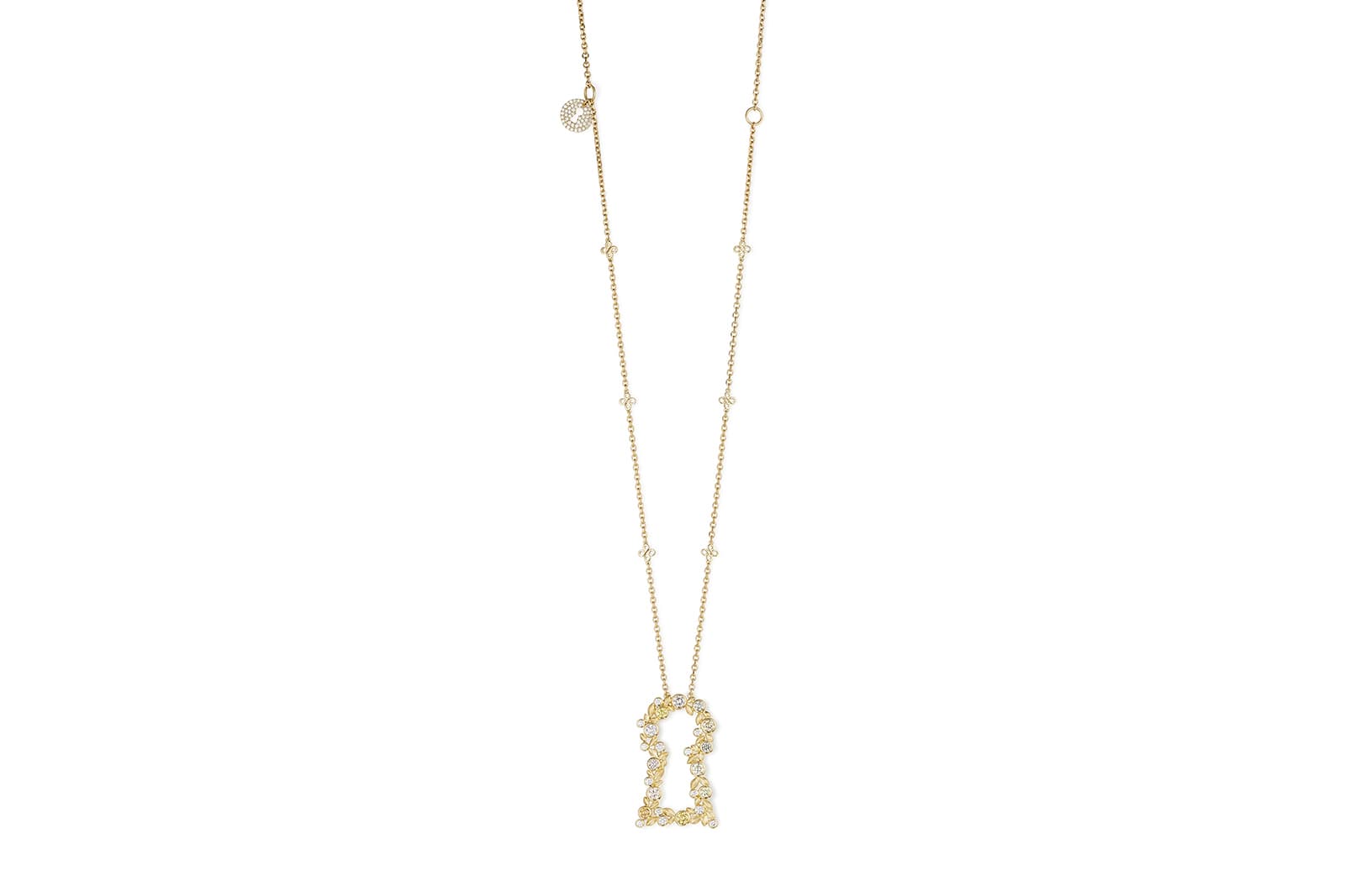 Boodles Secret Garden collection Keyhole pendant with diamonds and yellow sapphires in yellow gold