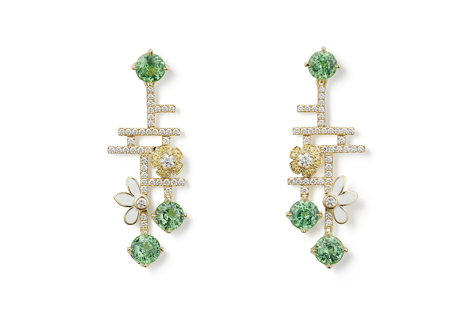  Boodles Secret Garden collection The Walled Garden earrings with tsavorites, yellow sapphires, white enamel and diamonds in yellow gold