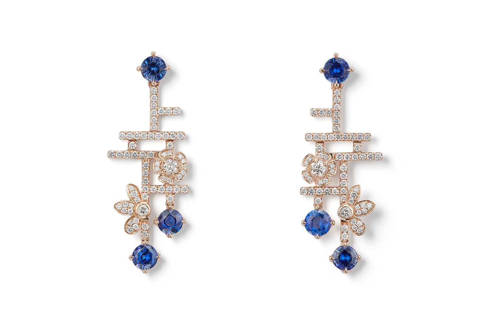  Boodles Secret Garden collection The Walled Garden earrings with sapphires and diamonds in pink gold