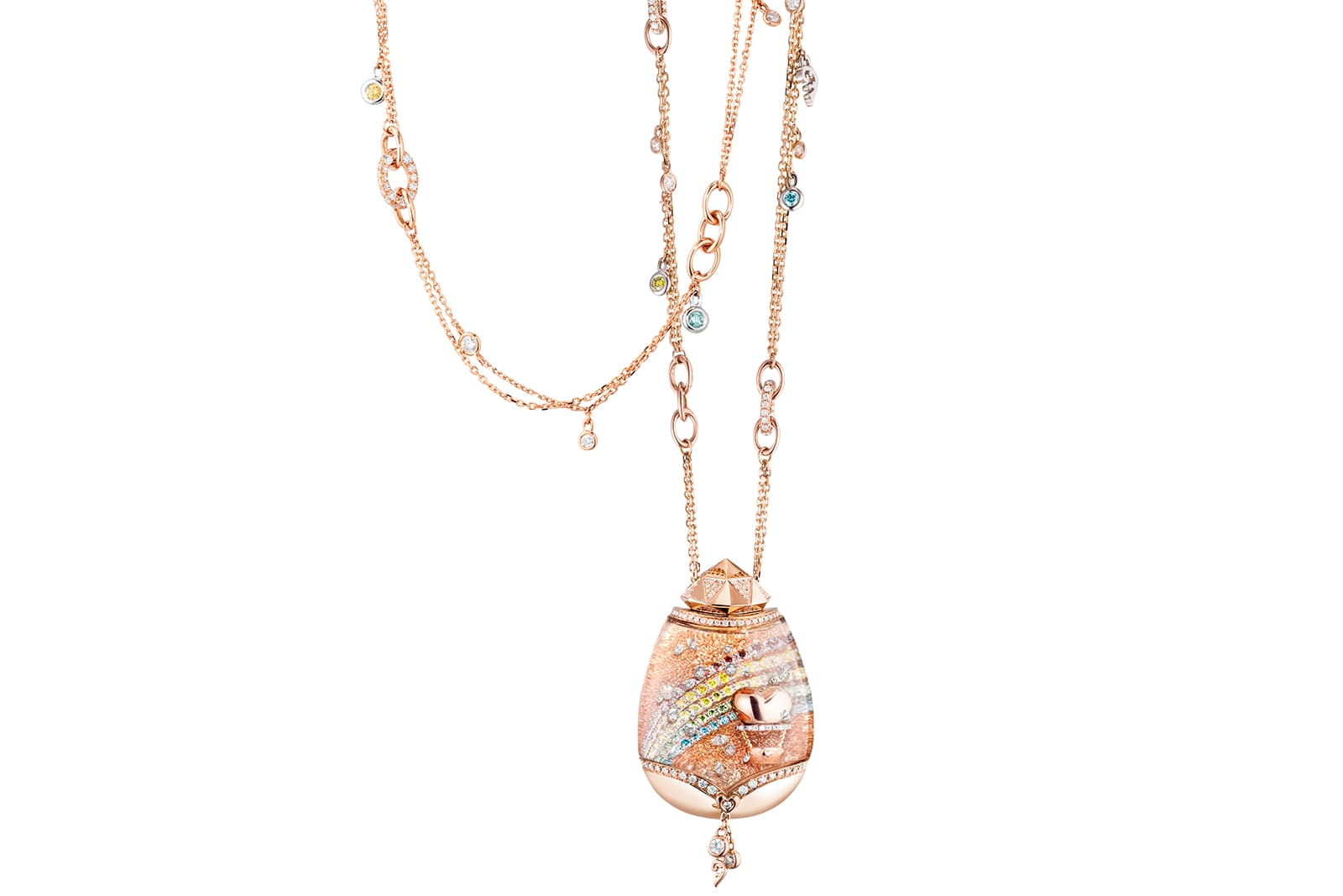  Capolavoro Journey of Love snow globe pendant with diamonds, sapphires, ruby and emeralds in rose gold
