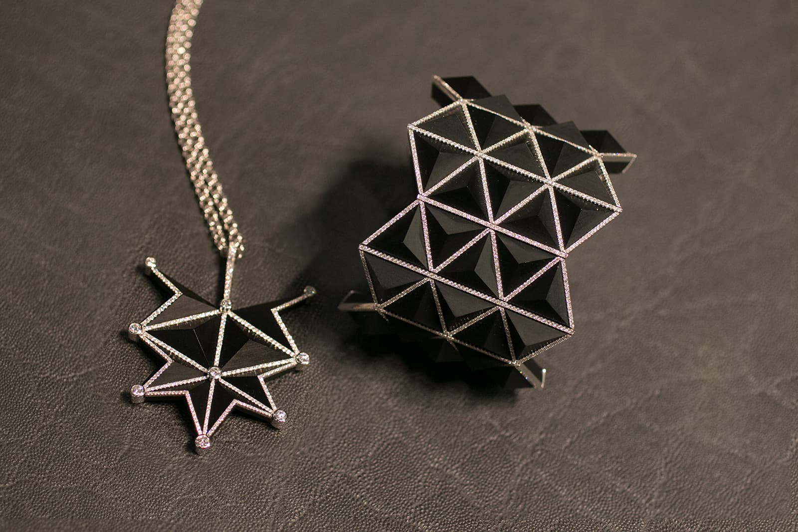 Hans D. Krieger pendant and cuff with diamonds in acrylic glass and white gold