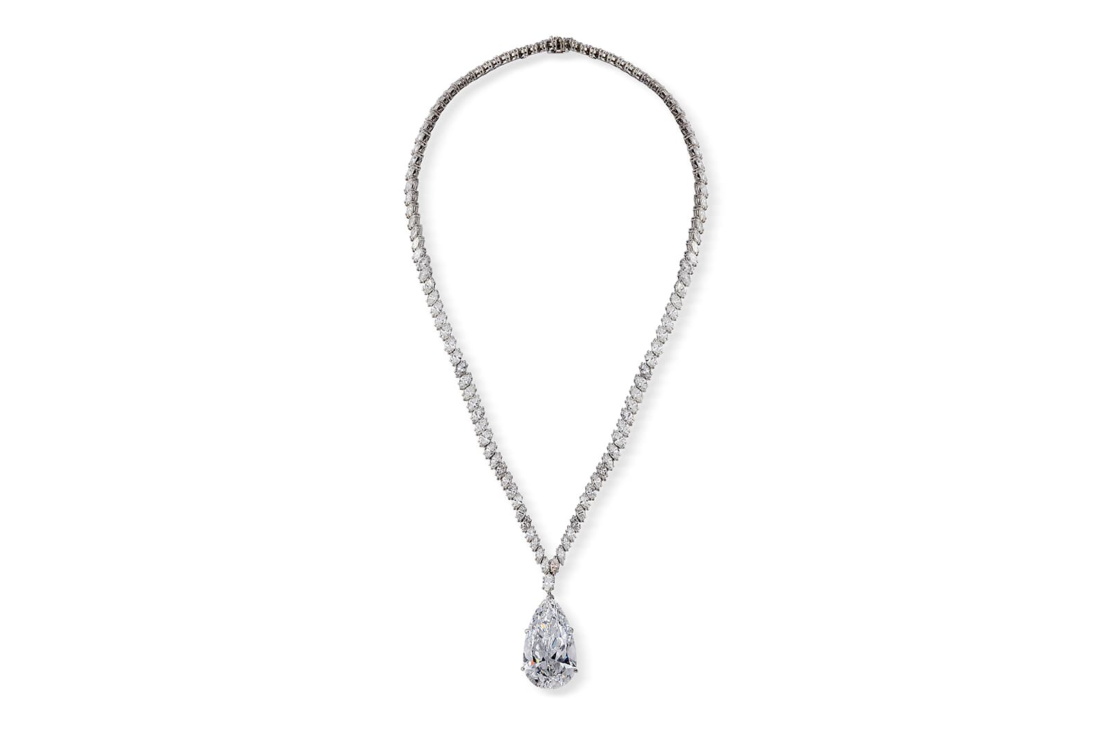  Offered by Symbolic & Chase, Harry Winston necklace owned by Cristina Onassis with 38ct central pear cut diamond and accenting diamonds in platinum