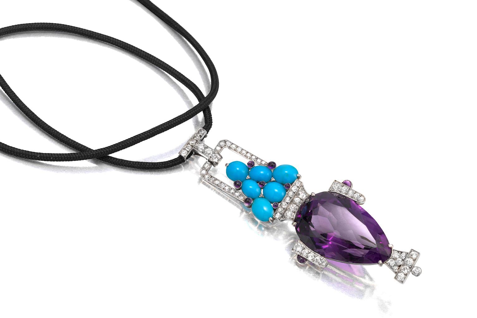 Offered by FD Gallery, Cartier Art Deco pendant with amethyst, diamond and turquoise in platinum, circa 1915