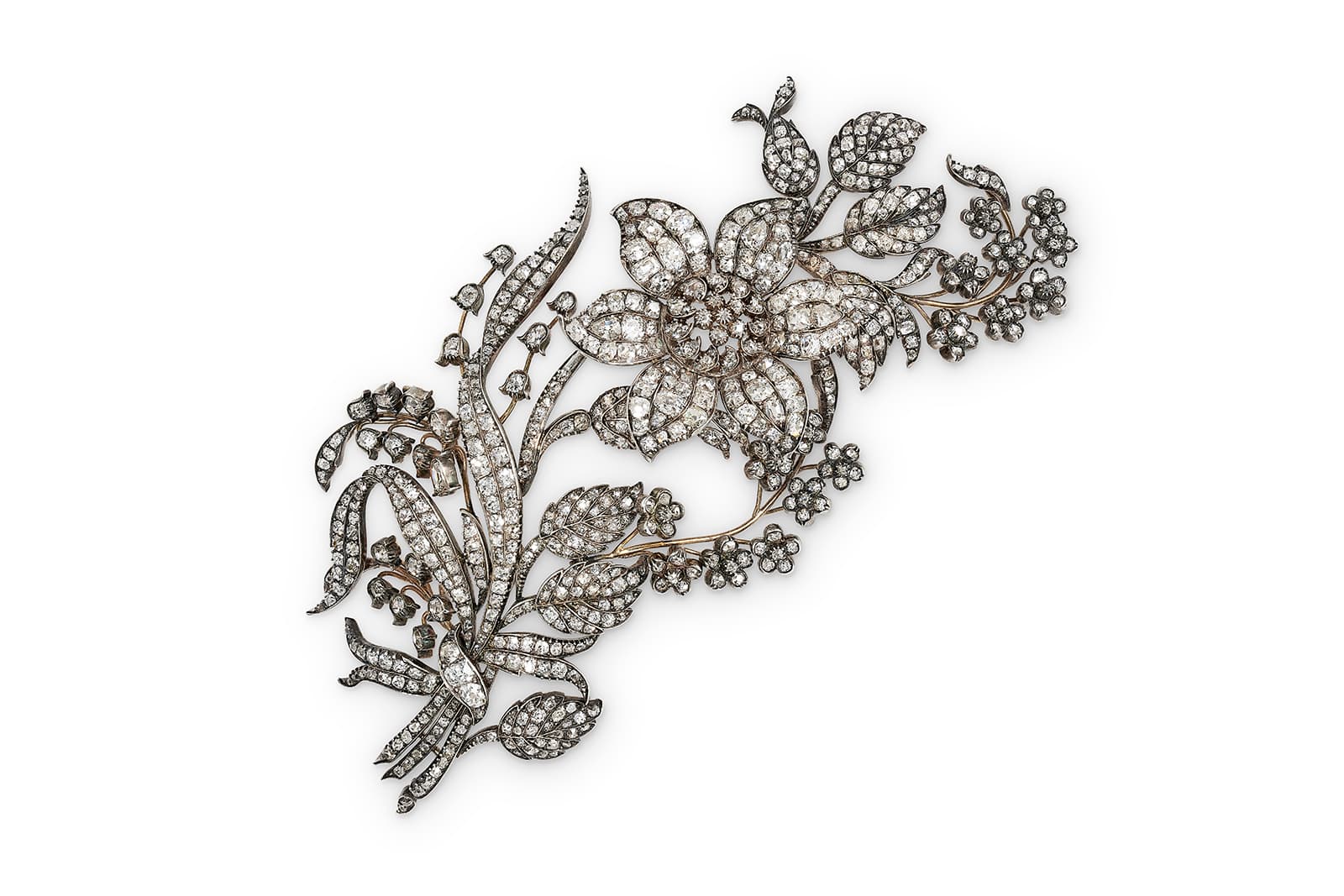 Offered by Wartski, diamond tremblant spray brooch with old brilliant cut diamonds, set in silver and mounted on yellow gold, circa 1840