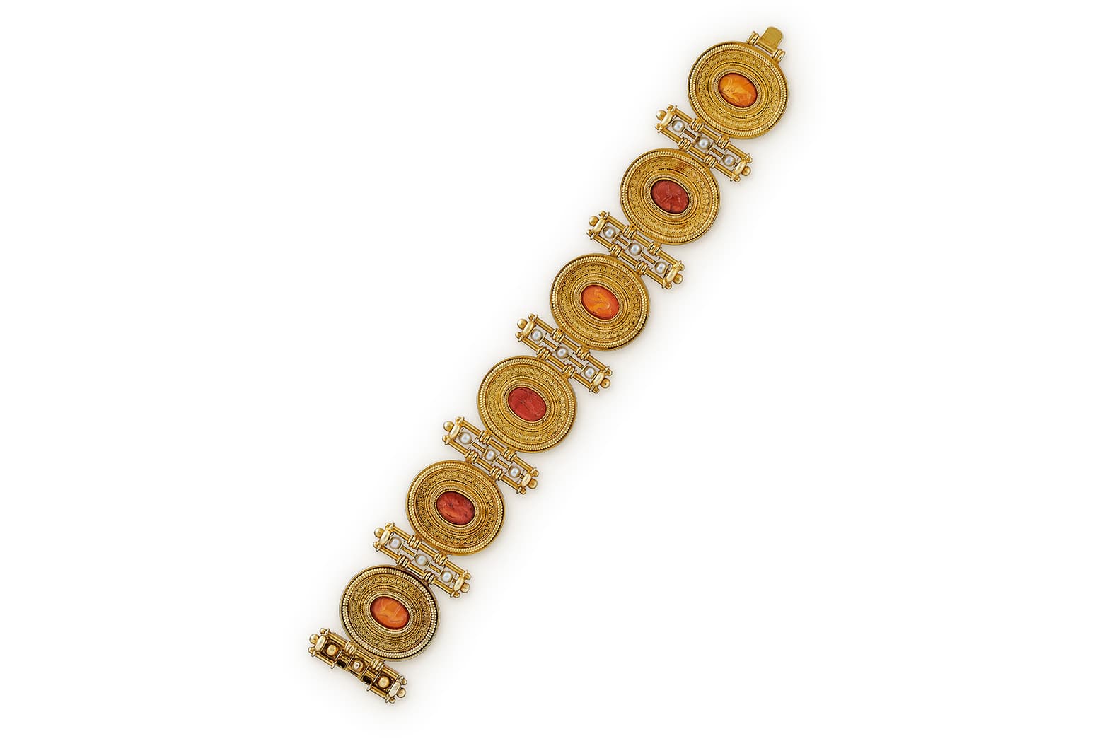  Offered by Wartski, Castellani Etruscan revival bracelet with pearls and carnelian intaglios in yellow gold, circa 1870