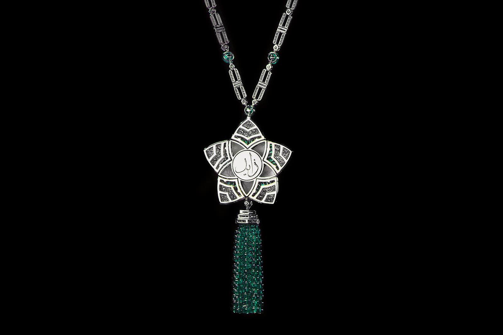  Bvlgari Jannah collection sautoir with 13.38ct Colombian emerald, accenting emeralds, mother of pearl and diamonds in white gold