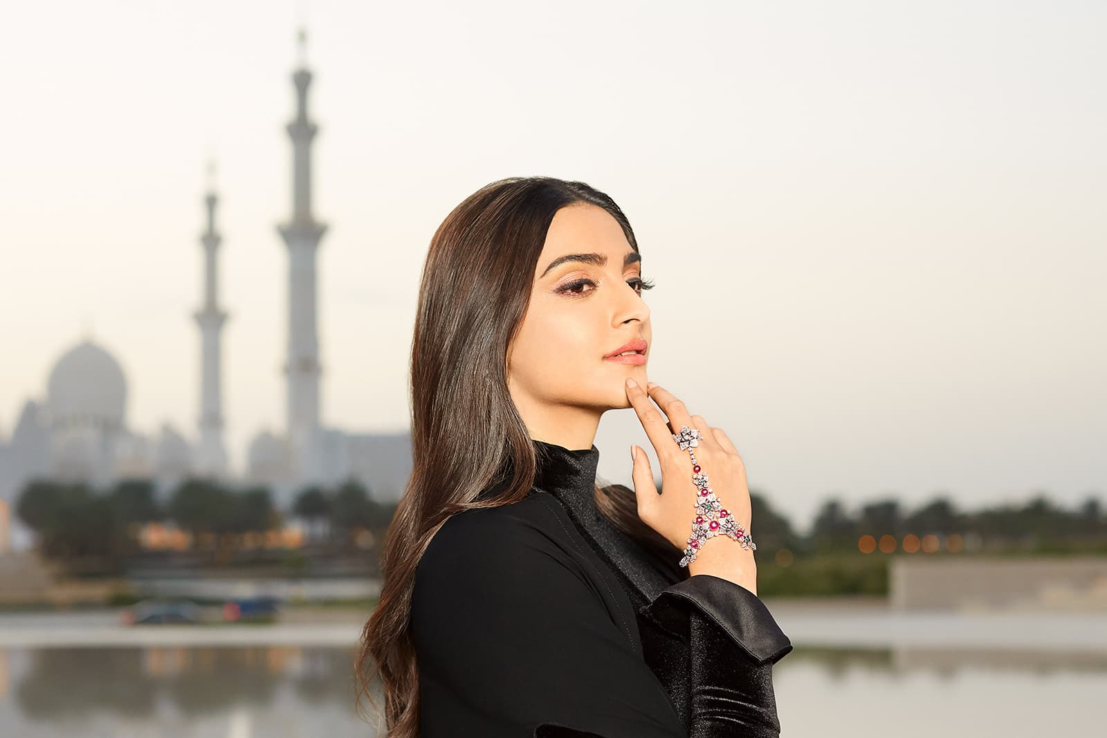 Sonam Kapoor wearing Bvlgari Jannah collection hand jewel with rubellite beads, emeralds, mother of pearl and diamonds in white gold