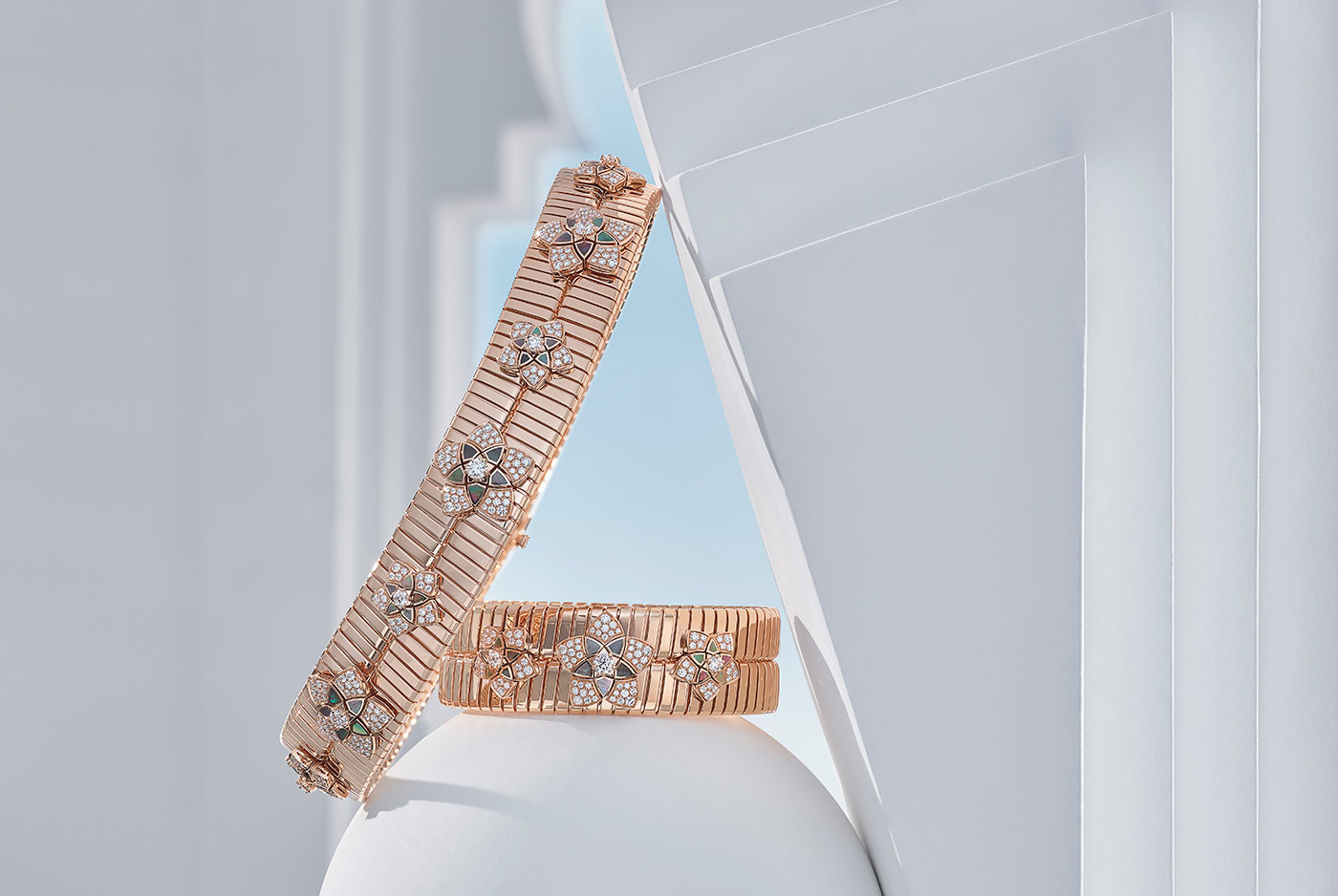  Bvlgari Jannah collection tubogas bracelet and choker with diamonds and mother of pearl in rose gold