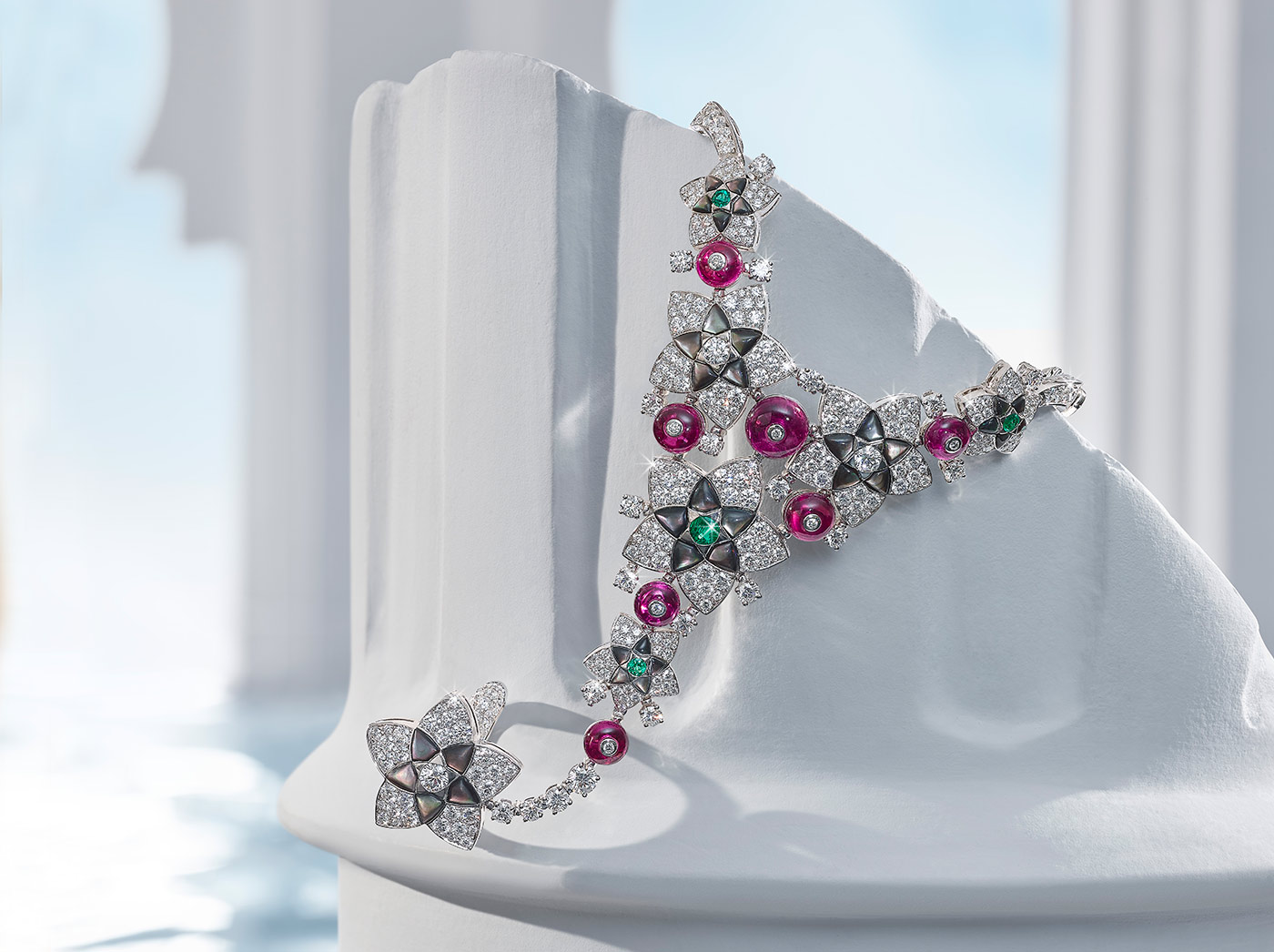  Bvlgari Jannah collection hand jewel with rubellite beads, emeralds, mother of pearl and diamonds in white gold