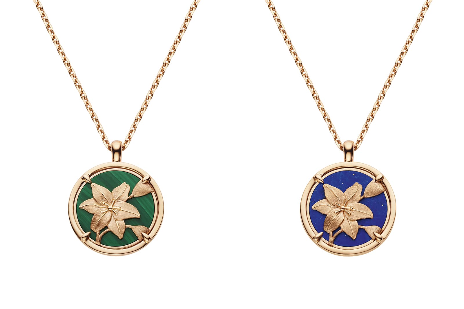 Chaumet Medallions Lys pendants in malachite and lapis lazuli