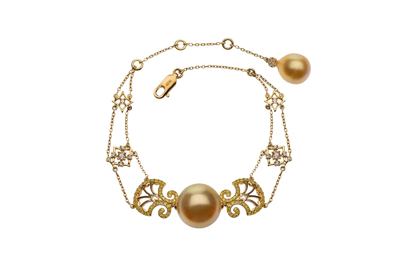  Autore necklace with South Sea pearls, diamonds and yellow sapphires in yellow gold