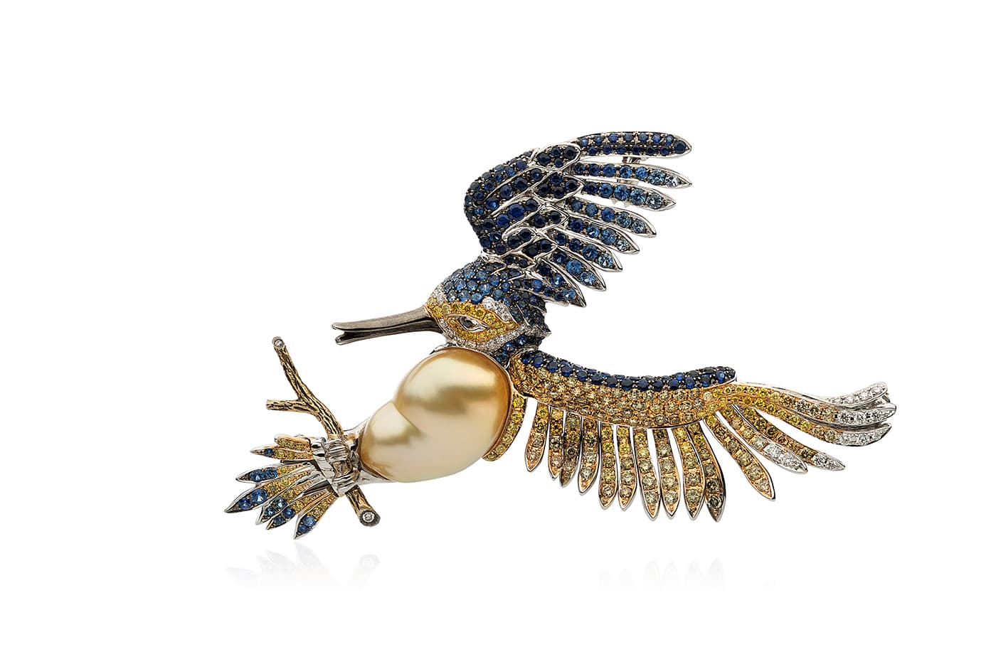  Autore Ave brooch with baroque South Sea pearl, yellow and blue sapphires and diamonds in yellow and white gold