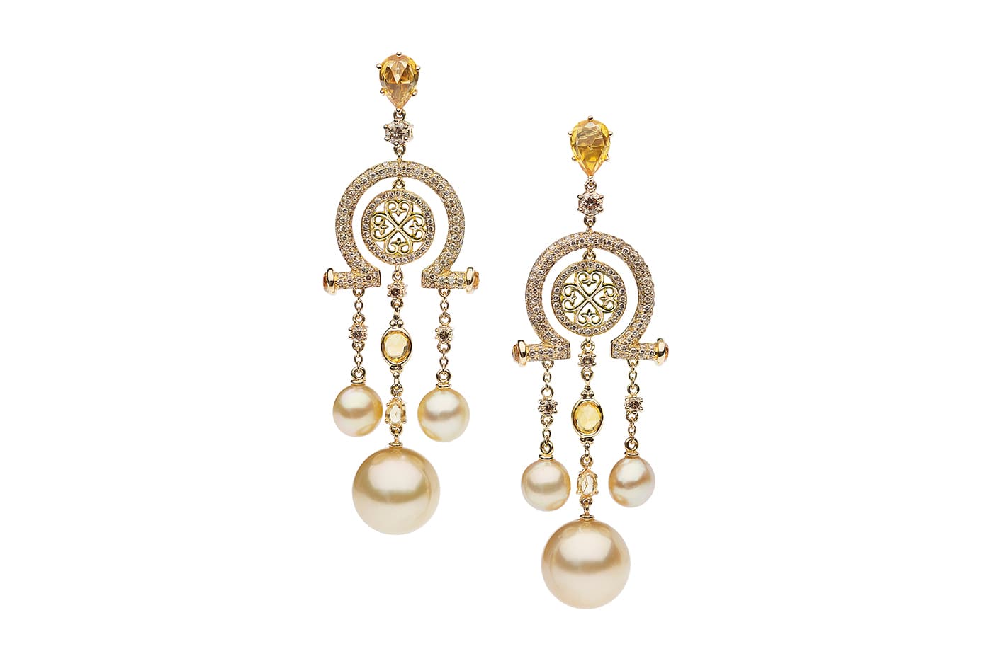  Autore earrings with South Sea pearls, yellow sapphires and diamonds in yellow gold