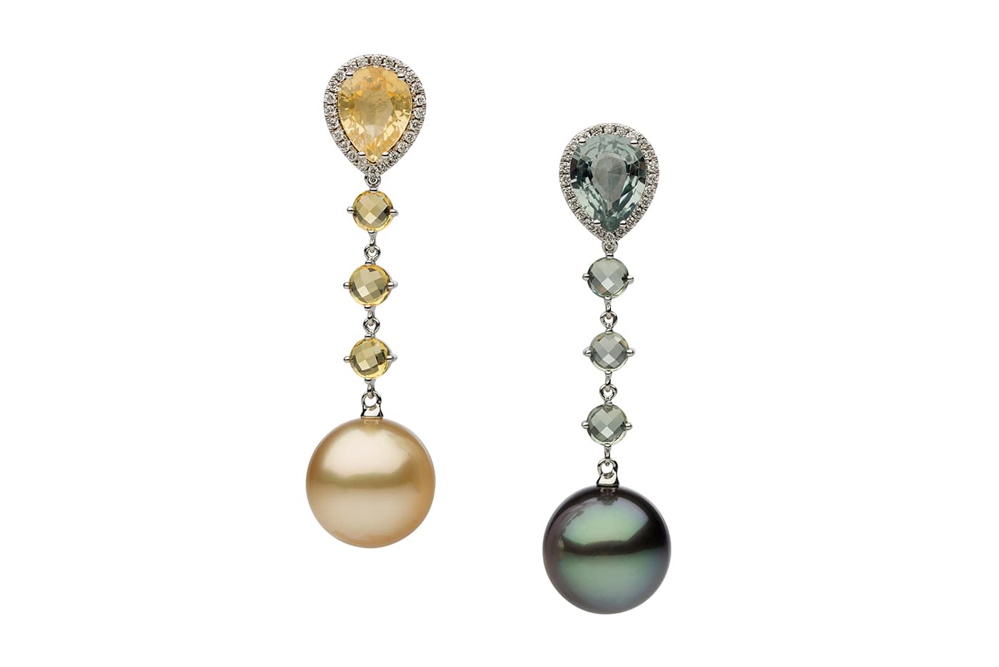  Autore earrings with South Sea, Tahitian pearls, sapphires and diamonds in yellow gold
