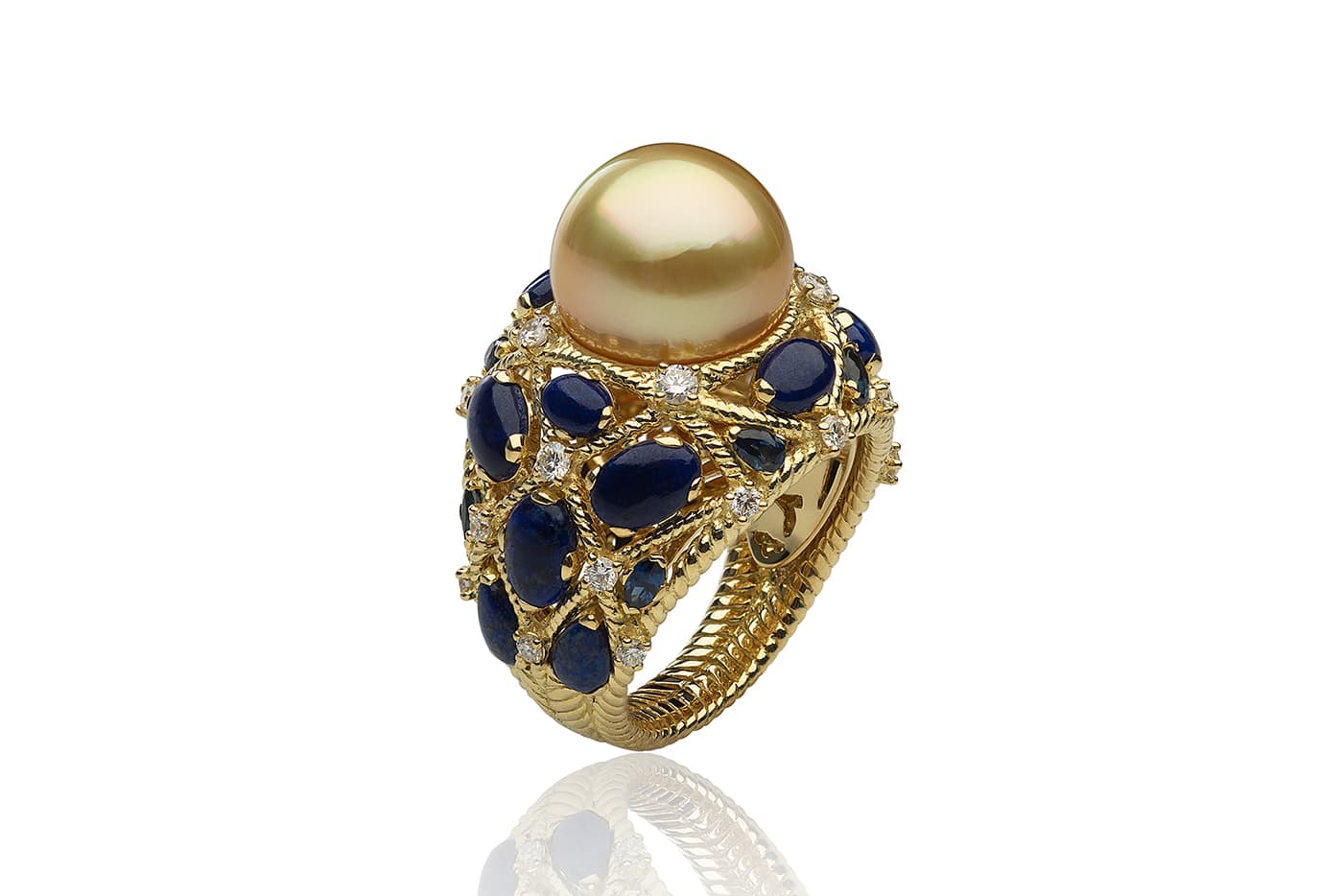  Autore Tiberio ring with South Sea pearl, lapis lazuli and diamonds in yellow gold
