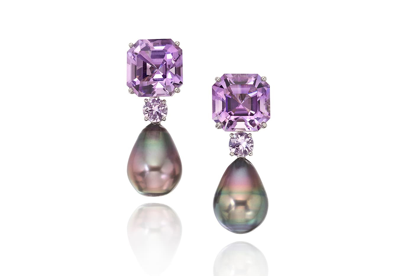  Assael earrings with amethysts, spinel and Tahitian pearls in white gold