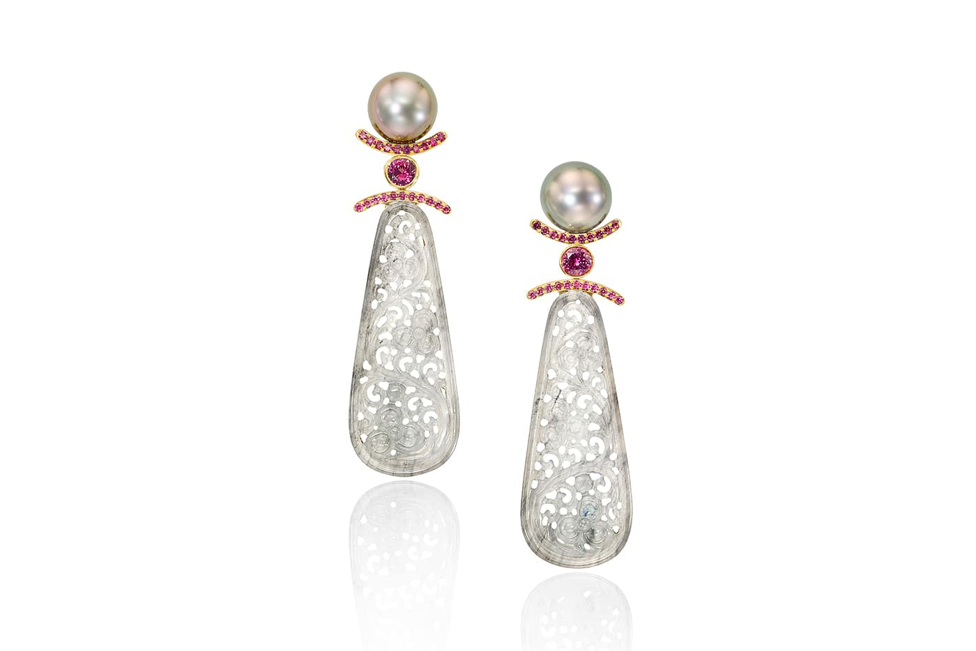  Assael earrings with white jade, rubellite and Tahitian pearls in yellow gold