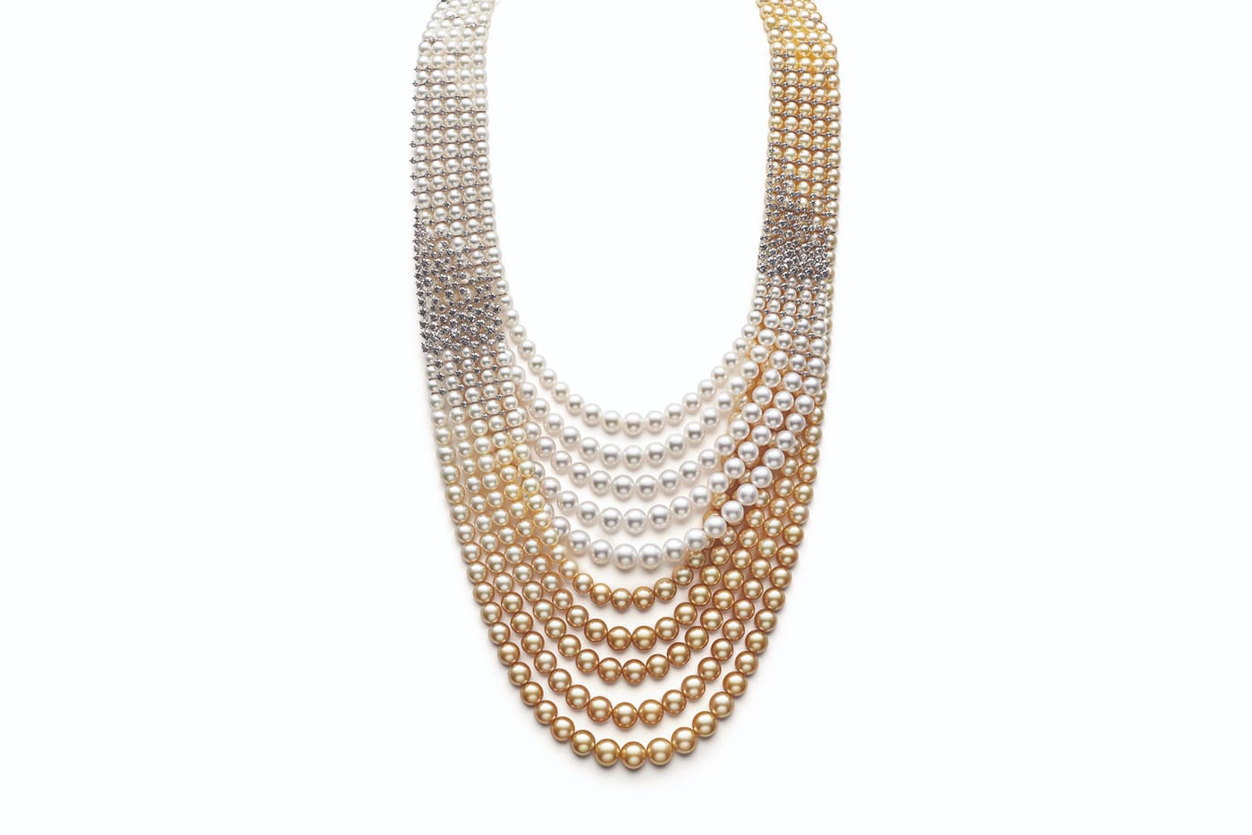 Mikimoto Golden Illusion necklace with South Sea pearls, cultured pearls and diamonds in white gold