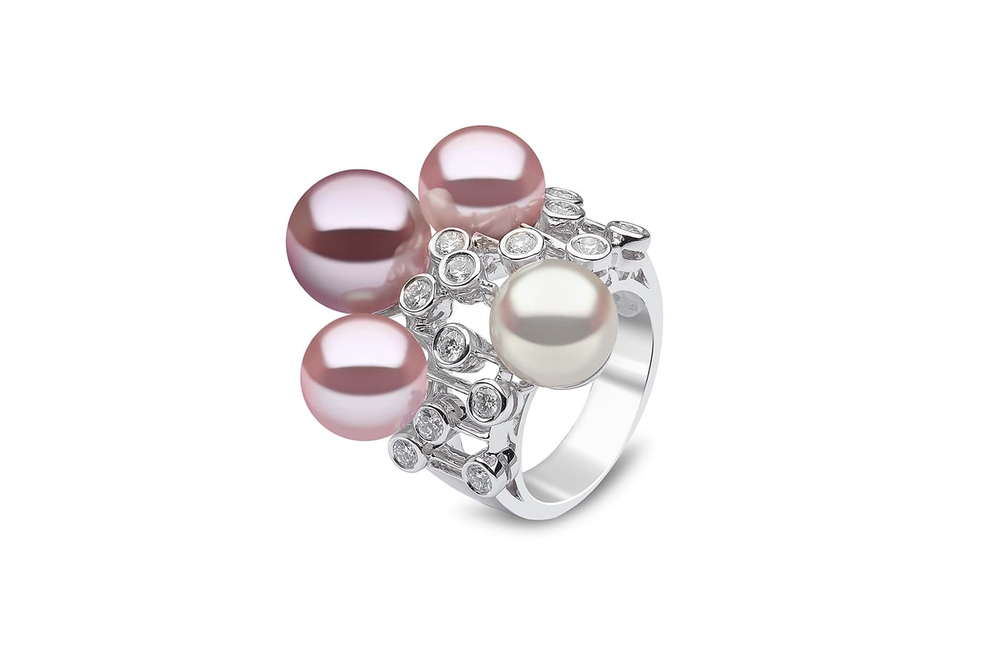  YOKO London ring with white South Sea pearls, Radiant Orchid pearls and diamonds in white gold