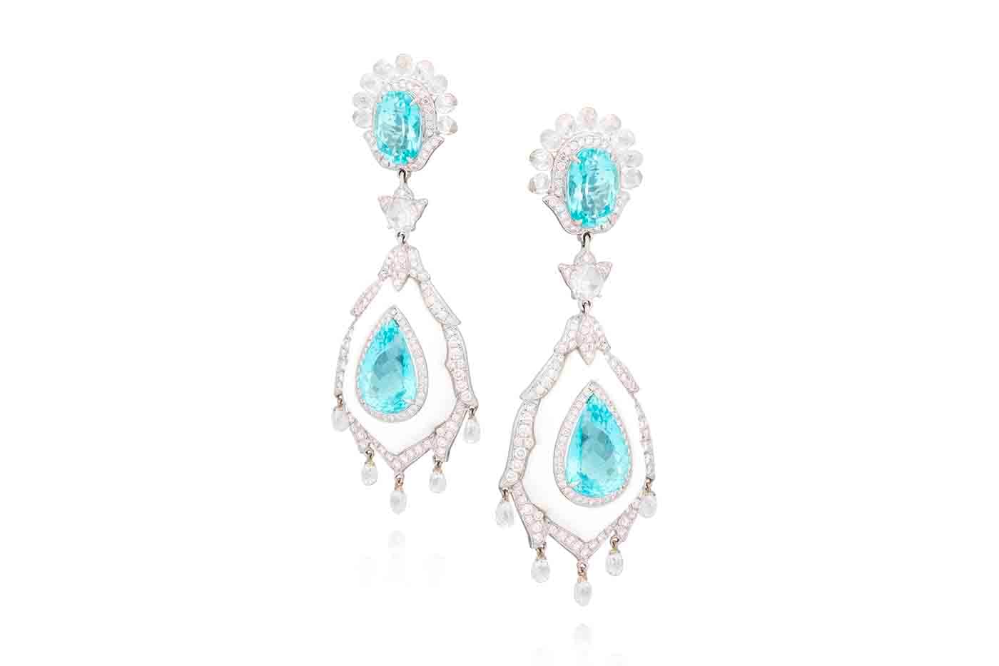  Amrapali earrings with briolette cut diamonds, Mozambique Paraiba-like tourmaline and white agate in white gold 