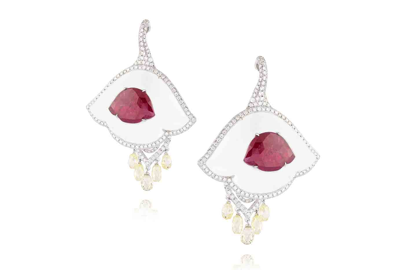 Amrapali earrings with yellow briolette cut diamonds, accenting diamonds, rubies and white agate in white gold