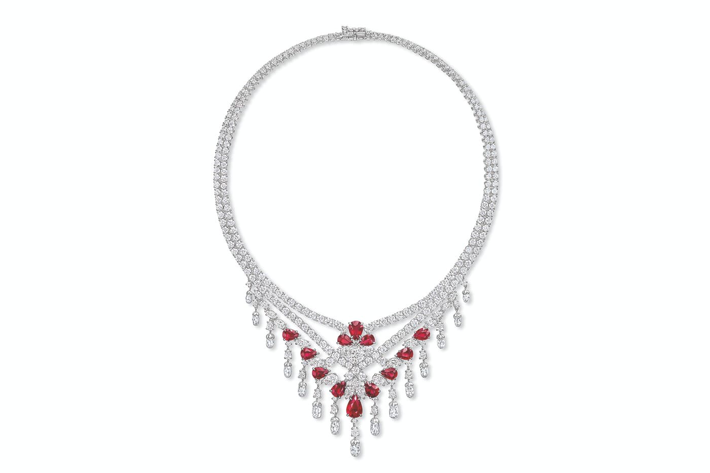 Harry Winston necklace with briolette cut diamonds, rubies and accenting diamonds in platinum