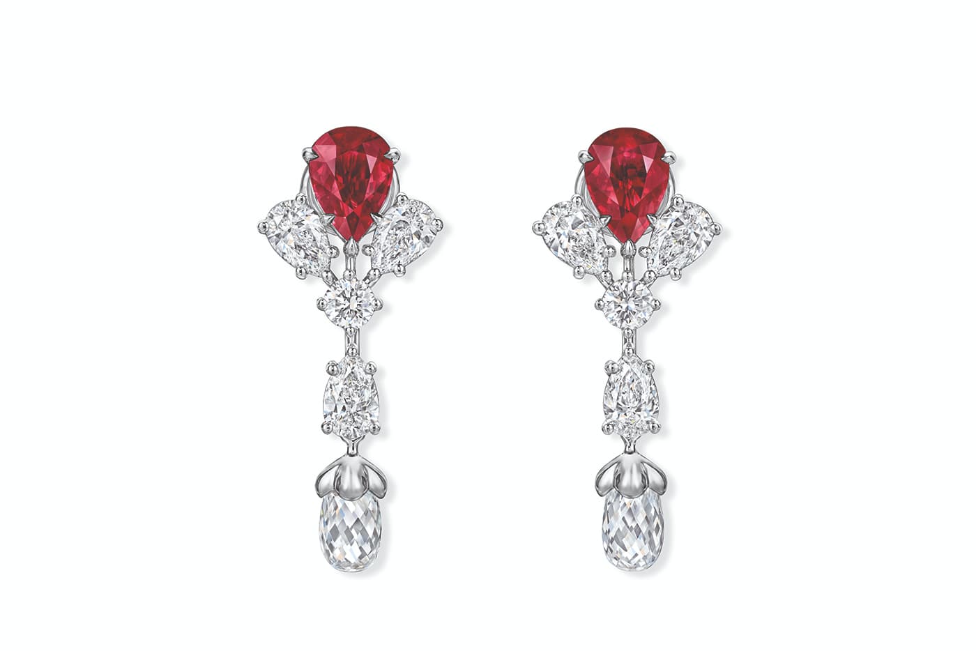  Harry Winston earrings with briolette cut diamonds, rubies and accenting diamonds in platinum