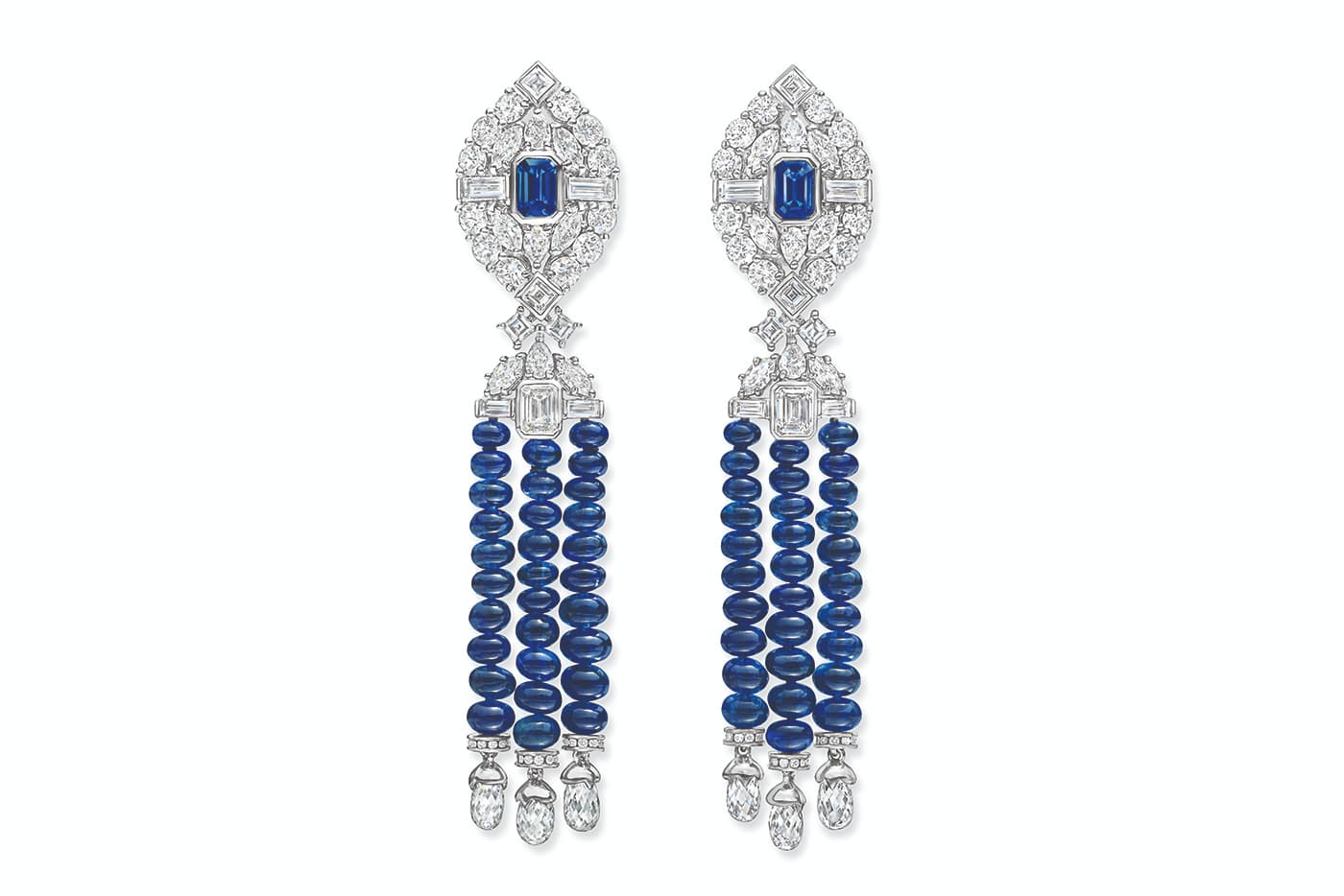  Harry Winston Draperie earrings with briolette diamonds, sapphires and accenting diamonds in platinum